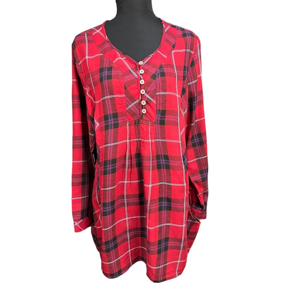 J. Bee Red Plaid Half Button Front Long Sleeve Tunic Size XL - Picture 1 of 5